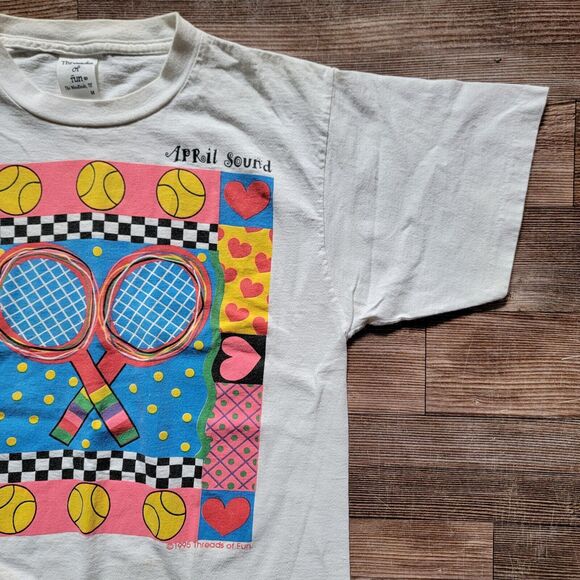 VTG 1995 Threads Of April Sound Tennis Hearts T Shirt Women's Size M USA - Picture 7 of 16